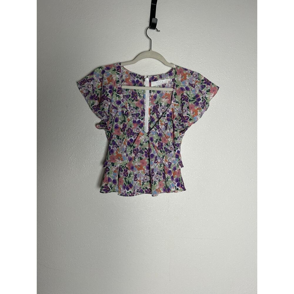 ASTR Crop Top Shirt Womens S Multicolor Floral Zip Back Flutter Sleeve